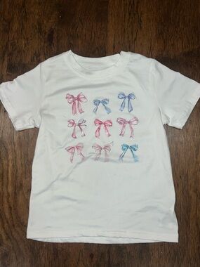 Girls' White Tee with Pink & Blue Ribbon Prints